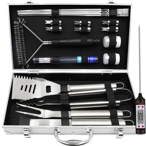 20 Stück Grill Zubehör, Grillbesteck, Professionelles Gasgrill Zubehör aus Hochwertigem Edelstahl, Tragbar Grill Set Praktisch BBQ Zubehör Mit Aluminiumbox, Grillset Männer Geschenk, Garten Camping von JUAUO