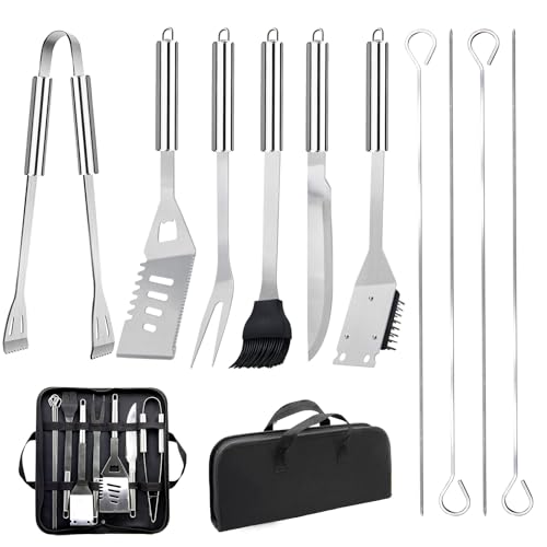 Grillbesteck-Set 11-TLG. 34 cm, Edelstahl, Grillzubehör mit Grillzange, Grillgabel, Tragbare Grillkoffer, Praktisch Multifunktional BBQ Grillset, Geburtstagsgeschenk für Männer von JUAUO