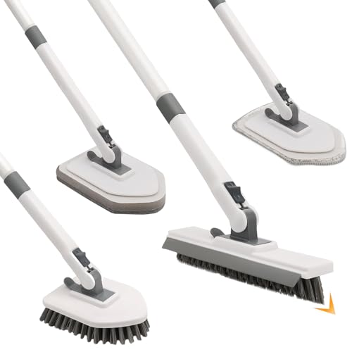 JUBORUI 4 in 1 Schrubber mit Stiel, Reinigungsbürste Badlangstieliger (135cm/ 53.14inch), Duschreinigungsbürste mit Steifer Borstenbürste, Schwammtuch & Mikrofaser, zum Reinigen von Bad, Boden, Wand von JUBORUI
