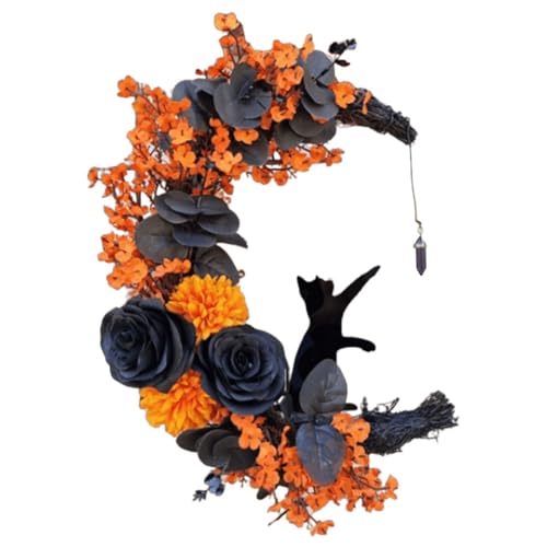 JUCHRZEY Halloween-Mondkranz mit schwarzer Katze, Halloween-Katzen-Türkranz, Halloween-Mond-Katzenkränze for Zuhause, Party, Fenster, Wand, drinnen und draußen JUCHRZEY Halloween-Mondkranz mit schwarzer Katze, Halloween-Katzen-Türkranz, Halloween-Mond-Katzenkränze for Zuhause, Party, Fenster, Wand, drinnen und draußen von JUCHRZEY