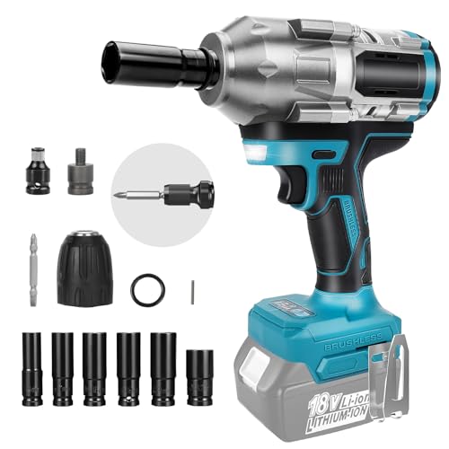 JUDANNA 1200Nm Schlagschrauber Akku Passend für Makita 18V Lithium-Akku, 1/2 Zoll Bürstenloser Drehschlagschrauber Autoreifen 18V Schlagschrauber für Reifenwechsel, 6 Stecknüsse (Ohne Akku) von JUDANNA