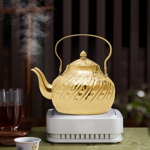 JUDEMII 201 Edelstahl Teekanne goldene mit Teefilter & Abdeckung 2L Wasserkessel Teekessel für Haushalte Teehäuser Restaurants Camping von JUDEMII