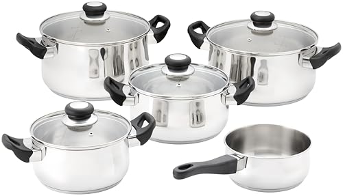 Judge Vista 5-teiliges Topfset Induktion – Edelstahl-Kochtöpfe für alle Herdarten, 16 cm & 18 cm Stielkasserolle, 20 cm & 24 cm Schmortopf und 24 cm Suppentopf, Langlebiger Küchentopfsatz von JUDGE