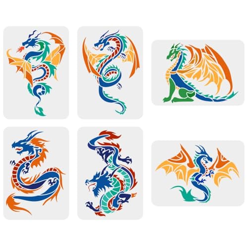 Drachenschablonen zum Malen, 6 Stück, 29,7 x 21 cm, fliegende Drachen, Schablonen zum Basteln, wiederverwendbar, Tiervorlage, Zeichenvorlagen, DIY-Kunstprojekte, Stil A von JUDUOYANXIAN