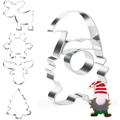 JUGUTA Ausstechformen Weihnachten, 5 Stück Plätzchen Ausstecher, Keksausstecher Edelstahl, Ausstecher Wichtel, Elchkopf Plätzchenausstecher Set, Cookie Cutter Für Backen Fondant Torten von JUGUTA