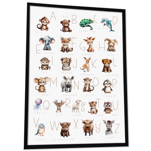 JUHMI ABC Poster für Kinder - Tiere Alphabet Poster & Kunstdrucke - Kinderzimmer Deko für Mädchen & Jungs zum Buchstaben Lernen/Lesen Lernen - 30x40 cm mit Holz Rahmen von JUHMI