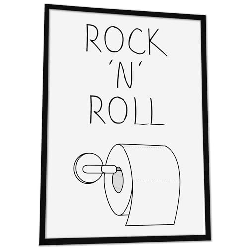 JUHMI Badezimmer Deko Bilder, HD Kunstdruck Bilder mit Rahmen, Wand Deko Aesthetic - WC Schild als Bad Deko Poster oder Gäste WC Deko: Rock N Roll, A5 (15x21cm) mit Holz Rahmen von JUHMI