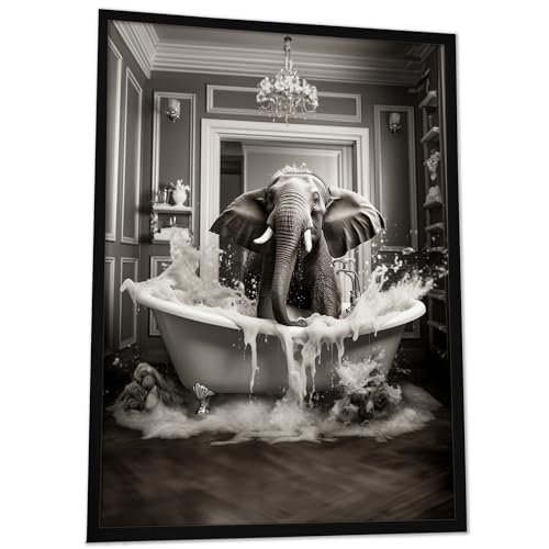 JUHMI Badezimmer Deko Bilder - Badewannen Tiere Wanddeko, Elefant DIN A3 (30x42 cm) - Bilder Schwarz Weiß WC Deko mit und ohne Rahmen von JUHMI