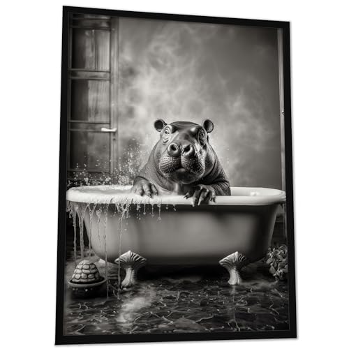 JUHMI Badezimmer Deko Bilder - Badewannen Tiere Wanddeko, Hippo Nilpferd DIN A3 (30x42 cm) - Bilder Schwarz Weiß WC Deko mit und ohne Rahmen von JUHMI