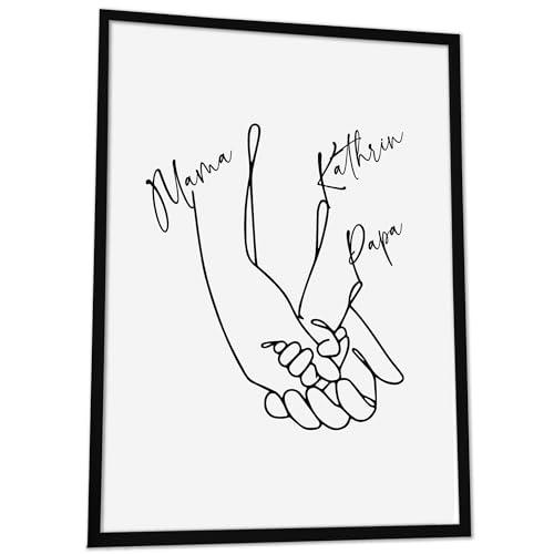 JUHMI Bild Familie Personalisiert mit Namen One Line Art, DIN A3 (30x42 cm) Rahmen wählbar, personalisierte Geschenke zum Einzug Hausbau Wohnung Einzugsgeschenk Deko Flur Bilder, 3 Köpfige Familie von JUHMI