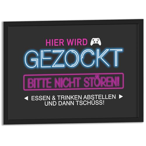 JUHMI Hier Wird Gezockt Neon Poster A3 (30x42 cm), Gaming Deko Schild Poster für Zocker: Perfekte Gaming Zubehör Geschenkidee für Gamer! Ideal für Zocker Zimmer & als Geschenk für Teenager von JUHMI