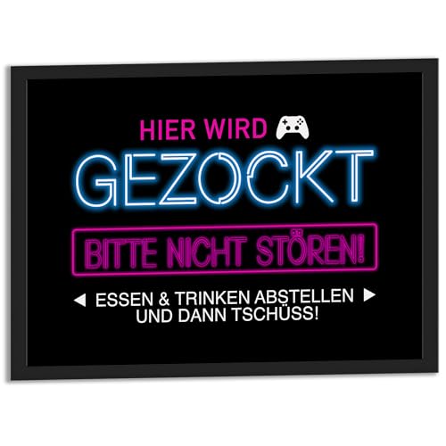 JUHMI Hier Wird Gezockt Neon Poster A5 (15x21 cm), Gaming Deko Schild Poster für Zocker: Perfekte Gaming Zubehör Geschenkidee für Gamer! Ideal für Zocker Zimmer & als Geschenk für Teenager von JUHMI