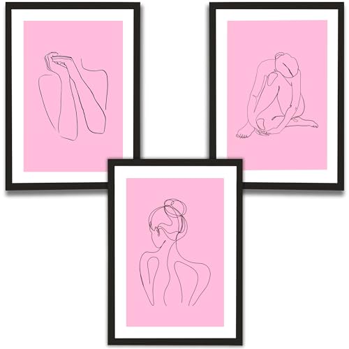 JUHMI One Line Art Poster Set, Abstrakt Woman Silhouette Bilder Set, Wandbild Wanddeko Wohnzimmer Schlafzimmer Küche, Pink Deco, Aesthetic Room Decor Zimmer Deko Aesthetic - 3x DIN A4 (21x30cm) von JUHMI