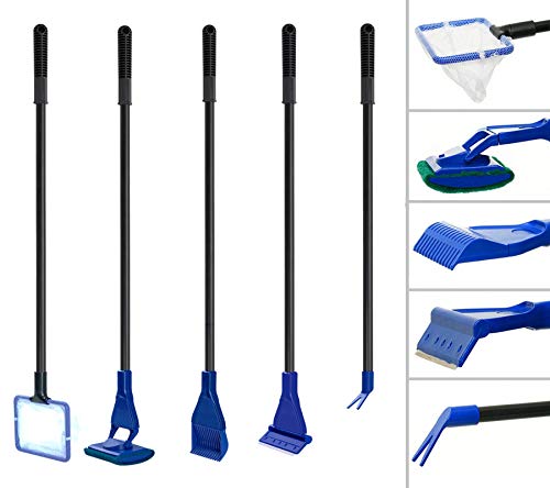 JUHONNZ Aquarium Reinigungsset, 5-in-1 Reinigungswerkzeuge Set mit Algenschaber, Schwammbürste, Fischnetz, Kiesrechen, Pflanzengabel, Glas Tropischer Aquarium Reinigung Werkzeug Zubehör von JUHONNZ