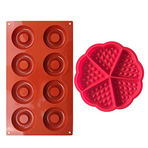 Silikon Backformen,1 PCS Waffel Kuchenform + 1 PCS Donuts Backform Donutform Antihaft Waffeleisen Herz Muffinform Belgisches waffeleisen für Kuchen Keks Bagels Muffins von JUHONNZ