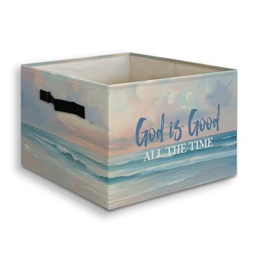 JUIOEIU Christian Coastal Beach faltbare Aufbewahrungsbox mit Griffen, God Is Good All the Time, Bibelvers, religiöser faltbarer Organizerkorb für christliches Zuhause, Zimmer, Kleidung, Spielzeug von JUIOEIU