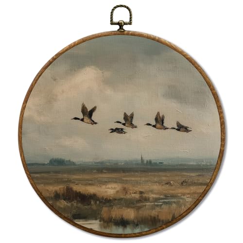 JUIOEIU Runde Vintage-Wanddekoration, Motiv: fliegende Ente, rustikale Stockente, gerahmte Leinwanddrucke, Bauernhaus, Landschaft, Landschaft, Wandkunst, hängende Dekorationen für Zuhause von JUIOEIU