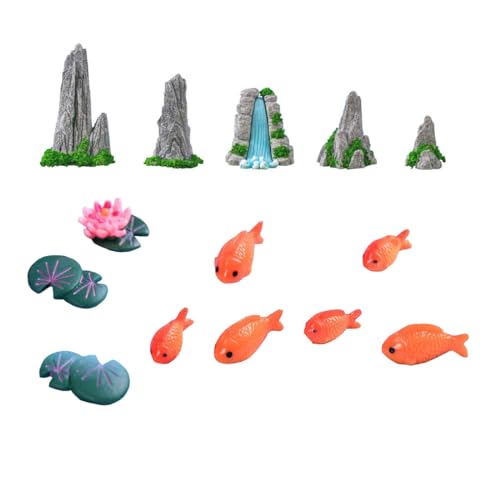 JUJOX 7 Stücke Mini Falsche Fische, 5 Stücke Micro Landscape Rockery, 2 Stücke Kleine Lotusblätter, 1-Teilige Lotusblume, Geeignet für Feengarten Blumentopf Bonsai Moos von JUJOX