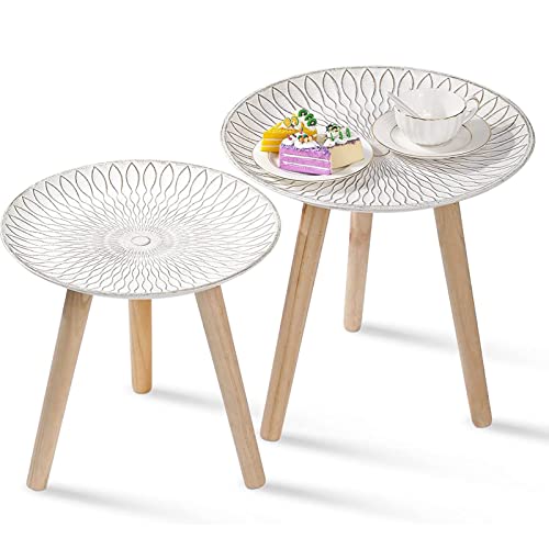 JUJOYBD Beistelltisch Rund 2er Set - Couchtische Holz Kleine Tische - Dreibeiner Sofatisch Set - Satztische fürs Wohnzimmer Schlafzimmer Balkon - Shabby weiß - 35cm/40cm von JUJOYBD