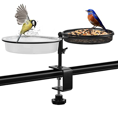 JUJOYBD 2-in-1 Vogeltränke und Futterstation mit Klemmhalterung für Balkongeländer, hängend Vogelfutterspender Vogelbad/Wassertränke Futterplatz für Vögel im Garten oder Balkon von JUJOYBD