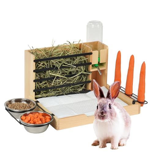 JUJOYBD 5-in-1 Kaninchen Futterstation aus Holz, Heuraufe mit Trinkflasche, 2 Näpfen, Karottenhalter und Pinkelpads, Rabbit Hay Feeder Futterspender für Kleintiere wie Zwergkaninchen Meerschweinchen von JUJOYBD