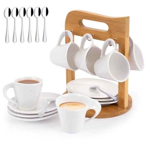 JUJOYBD Espressotassen Set mit Ständer, 6 x 80ml Porzellan Espresso Tassen mit Untertassen Set, Mokkatassen set Kaffeeservice für 6 Personen, weiß von JUJOYBD