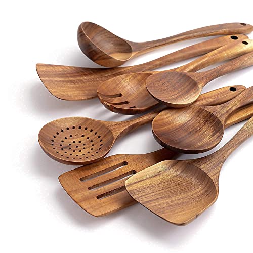 JUJOYBD Küchenutensilien Set Holz 8-tlg - Kochutensilien Set Küchenhelfer aus 100% Teak - Antihaftes Hitzebeständiges Kochbesteck Kochlöffel Set von JUJOYBD