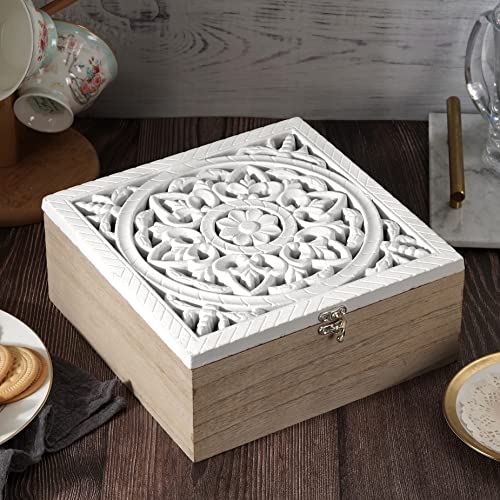 JUJOYBD Teebox Holz im Vintage Boho-Stil 9 Fächer, Teebeutel Aufbewahrungsbox mit handgeschnitztem Blumen-Ornament Deckel, Weiß von JUJOYBD