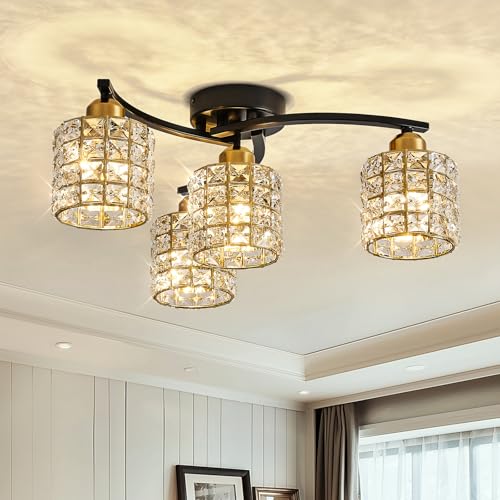 JUJUQI Kristall Deckenleuchte Moderne 4-Lichter Kronleuchter Schwarz und Gold Vintage Deckenlampe für Schlafzimmer Küche Flur Badezimmer von JUJUQI
