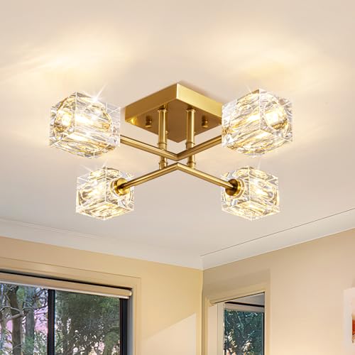 JUJUQI Modern Kistall Halbbündig Deckenleuchte Wohnzimmer,4-Lichter Gold Kristall Kronleuchter, halbbündiger Kristall-Kronleuchter,Luxus Deckenleuchte für Schlafzimmer Esszimmer von JUJUQI