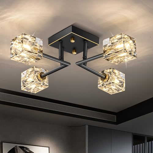 JUJUQI Modern Kistall Halbbündig Deckenleuchte Wohnzimmer,4-Lichter Schwarz und Gold Kristall Kronleuchter, halbbündiger Kristall-Kronleuchter,Luxus Deckenleuchte für Schlafzimmer Esszimmer von JUJUQI
