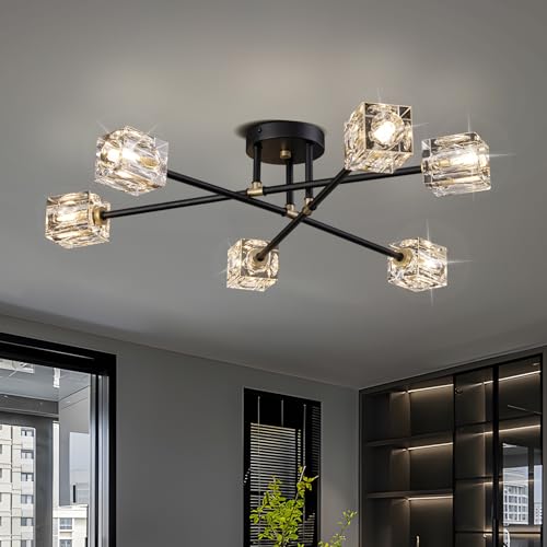 JUJUQI Modern Kristall Deckenleuchte, 6-flammig Kristall Kronleuchter, Deckenlampe designer, Schwarz und Gold Luxus Pendelleuchte für Schlafzimmer Wohnzimmer Küche Esszimmer von JUJUQI