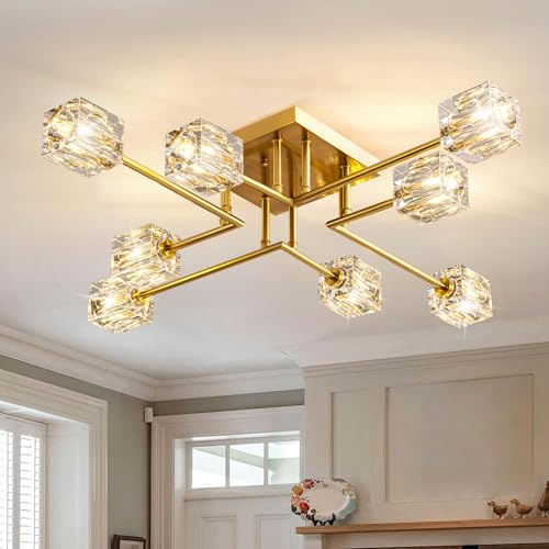 JUJUQI Modern Kistall Halbbündig Deckenleuchte Wohnzimmer,8-Lichter Gold Kristall Kronleuchter, halbbündiger Kristall-Kronleuchter,Luxus Deckenleuchte für Schlafzimmer Esszimmer von JUJUQI