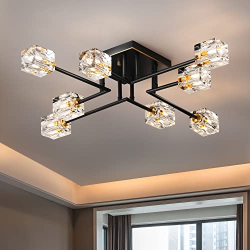 JUJUQI Modern Kristall Deckenleuchte, 8-flammig Kristall Kronleuchter, Deckenlampe designer, Schwarz und Gold Luxus Pendelleuchte für Schlafzimmer Wohnzimmer Küche Esszimmer von JUJUQI