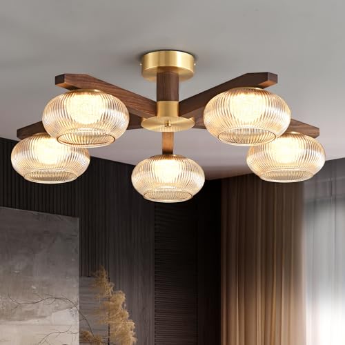 JUJUQI Moderne Deckenleuchte Walnussholz 5-flammige, Holzlampe Dimmbar 3000K–6000K,LED Deckenlampe Messing Kronleuchter für Wohnzimmer Schlafzimmer Küche Esszimmer von JUJUQI