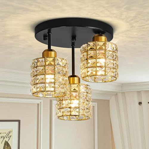 JUJUQI Moderne Kristall Deckenleuchte, 3-flammig Kronleuchter mit Kristall Lampenschirm, Deckenlampe Hängend,Pendelleuchte für Schlafzimmer, Küche, Flur, Badezimmer, Schwarz und Gold JUJUQI Moderne Kristall Deckenleuchte, 3-flammig Kronleuchter mit Kristall Lampenschirm, Deckenlampe Hängend,Pendelleuchte für Schlafzimmer, Küche, Flur, Badezimmer, Schwarz und Gold von JUJUQI