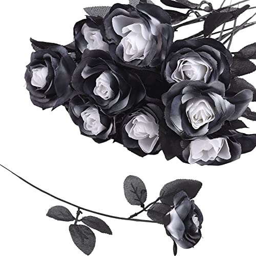 JUKIDS 12 künstliche schwarz-weiße Rosen, Halloween-Rose, künstliche Seidenblumen, Rosensträuße für Hochzeit, Party, Heimdekoration, Halloween-Dekoration von JUKIDS
