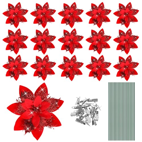 JULBEAR Weihnachtsstern Künstlich, 16 Stück Glitter Weihnachtsstern Blumen Weihnachtsbaumschmuck Künstliche Blumen mit Clips Vorbauten für Weihnachtsbaum Deko(Rot) von JULBEAR