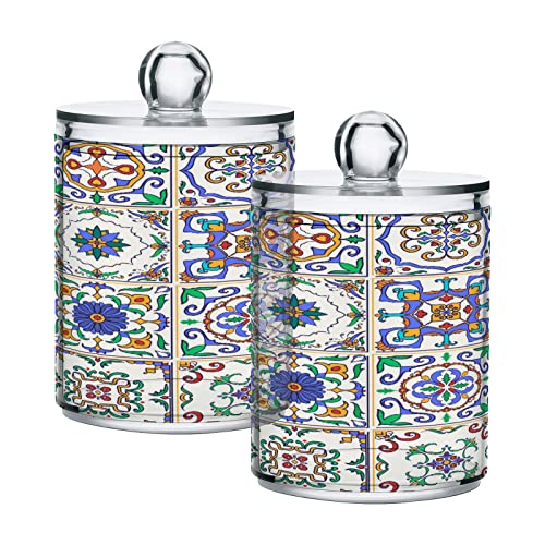 JUMBEAR 2 Stück mexikanischer Talavera-Qtip-Halter, Organizer, Badezimmer-Aufbewahrungsbehälter, Watteball-Halter, Badezimmer-Behälter für Wattestäbchen/Pads/Zahnseide von JUMBEAR