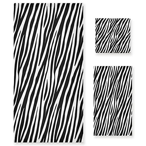 JUMBEAR 3-teiliges Handtuch Schwarz und Weiß Zebra Strpies Baumwolle Badetuch Set (1 Badetuch, 1 Handtuch, Waschlappen) für Badezimmer, superweiche schnell trocknende Handtücher, Farbea von JUMBEAR