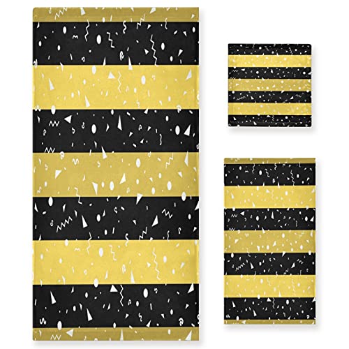 JUMBEAR 3-teiliges Handtuch-Set mit niedlichen gelben und schwarzen Streifen aus Baumwolle (1 Badetuch, 1 Handtuch, 1 Waschlappen) für Badezimmer, superweiche und schnell trocknende Handtücher von JUMBEAR