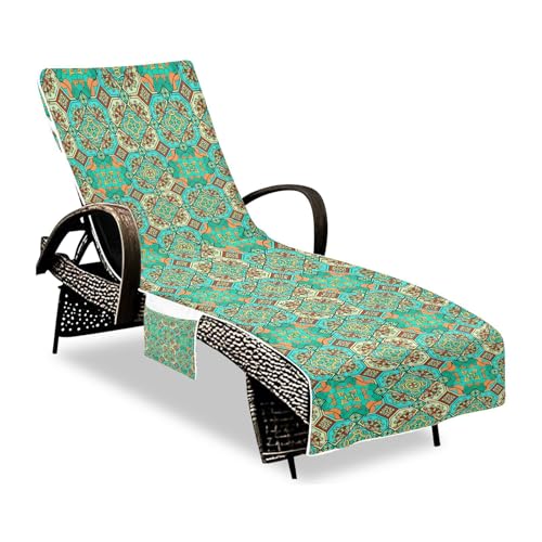 JUMBEAR Boho Mandala Tragbares Strandtuch, Strandkorb Abdeckung Handtuch mit Taschen, Sonnenliege Strandtuch, Mikrofaser Chaiselongue Handtuch Abdeckung für Sommer Outdoor Garten Pool Urlaub Reisen von JUMBEAR