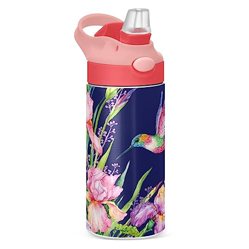 JUMBEAR Kolibri-Wasserflasche mit Strohhalm, Irisblume, BPA-frei, auslaufsicher, 350 ml, umweltfreundliche Tritan-Sportwasserflasche für Kinder, Ein-Klick-Klappdeckel von JUMBEAR