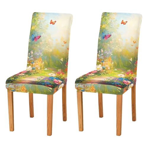 JUMBEAR Stuhlhussen mit Wildblumen und Schmetterlingen für Esszimmer, dehnbar, abnehmbar, waschbar, Küchenstuhlbezug, dekorativer Sitzschutz, 4 Stück von JUMBEAR