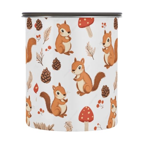 JUMBEAR Süße Eichhörnchen und Pilze, luftdicht, Kaffeedose, 900 ml, Edelstahl, Lebensmittelbehälter für Kaffeebohnen, Tee, Nüsse, Zucker von JUMBEAR