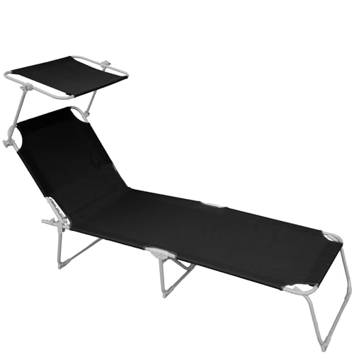 JUMI Klappbarer Liegestuhl mit Baldachin - Multiposition Campingbett bis 120 KG, Klappbare Sonnenliege zum Balkon, Praktische Gartenliege Wetterfest - Aluminiumrahmen, Graues Textilene (Schwarz) von JUMI