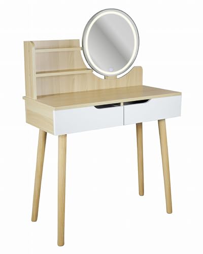 JUMI Moderner Schminktisch Breite 80 cm - mit rundem Spiegel 40 cm – Ästhetischer Schminktisch mit praktischen Ablagen - Spiegel und LED-Beleuchtung - Skandinavischer - aus Holz, Weiß/Buche von JUMI