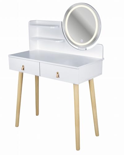 JUMI Moderner Schminktisch Breite 80 cm - mit rundem Spiegel 40 cm – Ästhetischer Schminktisch mit praktischen Ablagen - Spiegel und LED-Beleuchtung - Skandinavischer - aus Holz, Weiß von JUMI