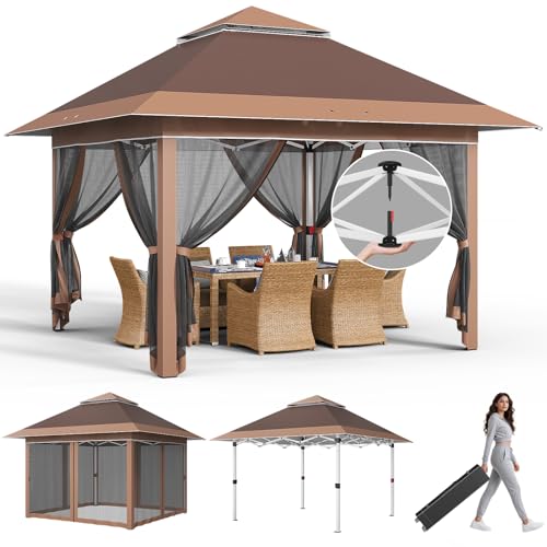JUMMICO Pop Up Pavillon 3x3 Wasserdicht Stabil Winterfest mit 4 Moskitonetz Seitenteilen, Faltpavillon UV Schutz 50+, Doppeldach Pavillion für Patio Familientreffen,Braun von JUMMICO