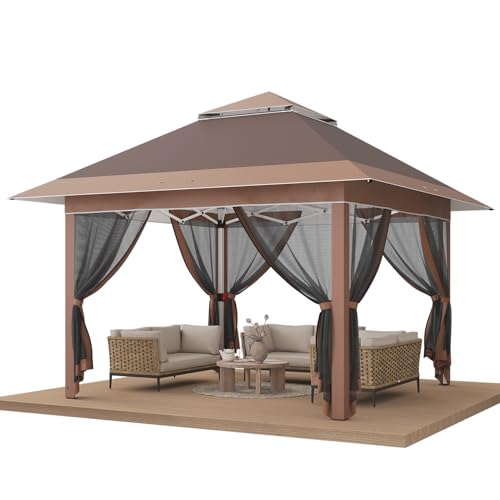 JUMMICO 3.28 x 3.28 Waterproof Stable Pop Up, Height-Adjustable Folding with Mosquito Net, Garden Gazebo with Carry Bag on Wheels, Garden Tent for Backyard, Lawn, Gazebo Brown von JUMMICO